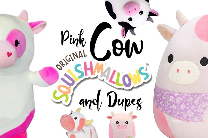 Caedyn the Cow Squishmallow and Pink Squishmallow Cow Dupes